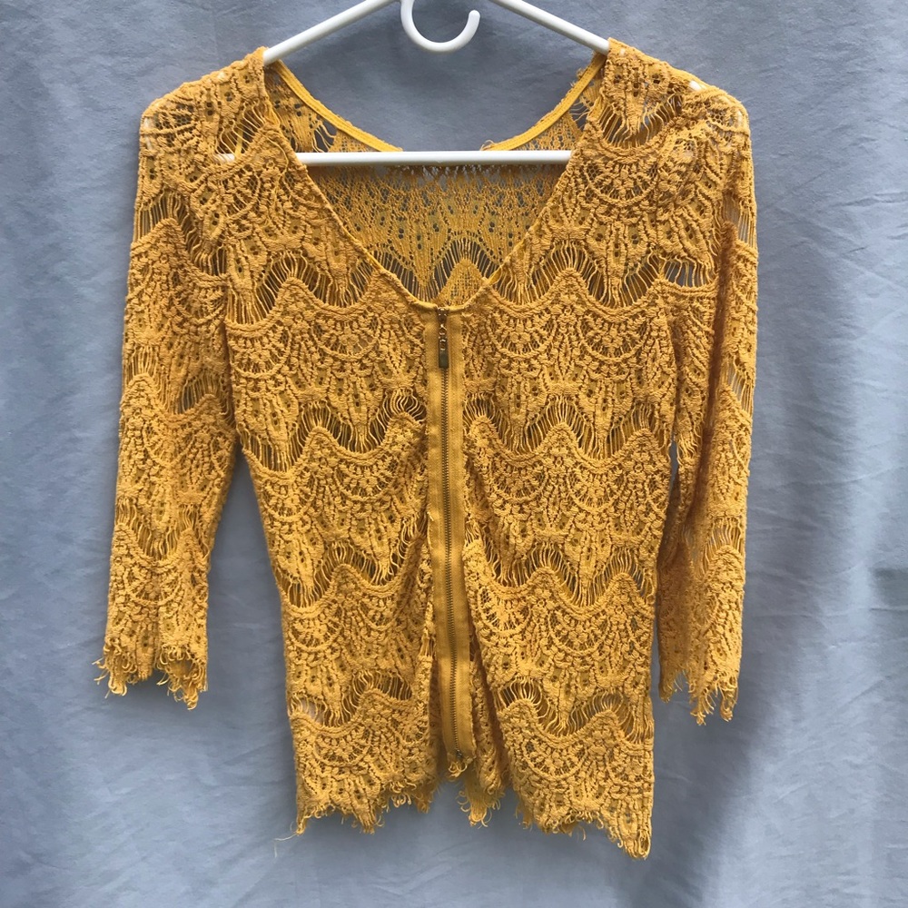 Boho yellow lace zip up shirt
